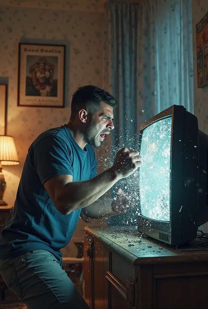 Create a realistic image of a father protecting his family from negative influences by shooting at a television. Show the father in a determined and resolute stance, holding a gun and aiming at the TV, which is visibly damaged or shattered by the shot. The family, including a mother and children, should be depicted in the background, looking alarmed but safe, as they seek protection behind or near the father. The setting should be a typical living room, with the TV as a central focal point. Use dramatic lighting and strong contrasts to highlight the father’s action and the sense of urgency, capturing the tension and the dramatic attempt to shield the family from harmful content.