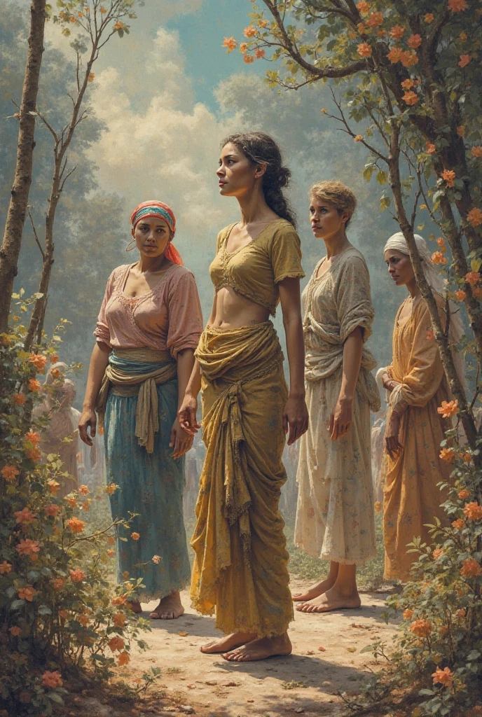 alone in the universe, Paint in watercolor style, Photorealism, discreet golden and ruby and mint shades, (nude) a gentle, modest thin girl of with a very beautiful, exquisite face of the southern type with tender nipples walks barefoot in the distance (around the southern town) early morning (along the houses) in a long old beige skirt
