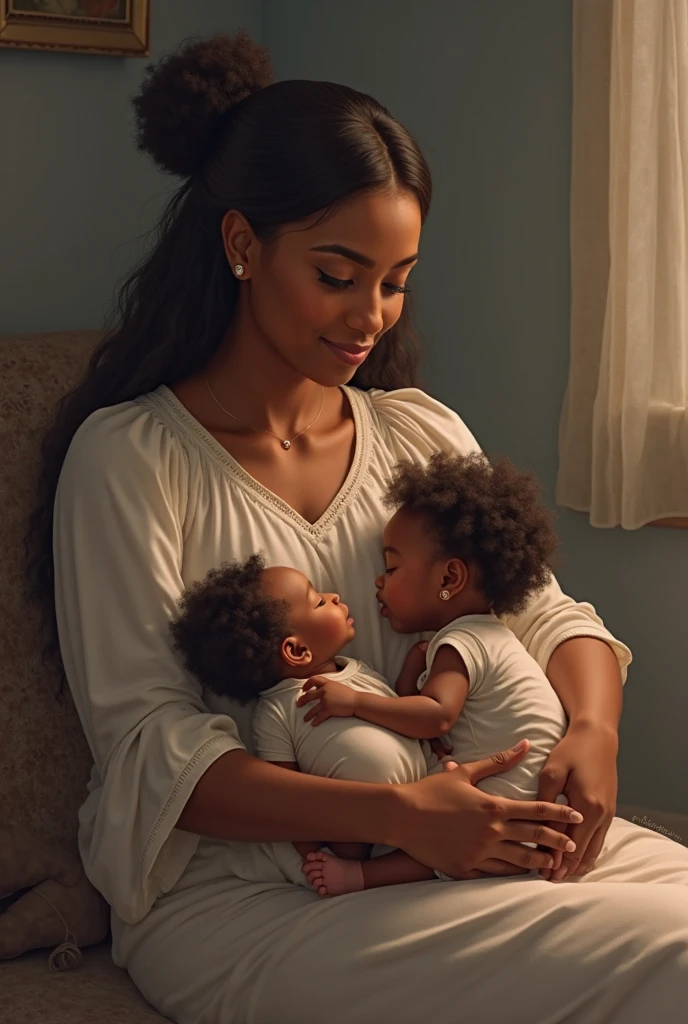 ((best quality)), ((masterpiece)), (detailed), perfect face african woman,introduce the main character,marry,as a stressed black american woman carrying her crying baby, stitting on a couch in a morden living room,with her baby crying in her arms. make it to be a wide shot. let her head be looging down at the baby yet stressed. Extremely detailed illustration . Perfectly detailed living room. Soft light.beautifully detailed faces. ((The woman wears African robes )), best resolution, best quality, hyperdetailed.