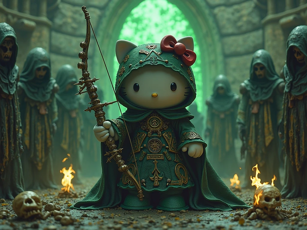 Hello Kitty merged with a cosmic entity. Her face is a porcelain mask with cracks, and behind it emerge viscous tentacles with multiple eyes. Her bow is an interdimensional portal that absorbs light. Background with a starry sky and arcane symbols on the floor.