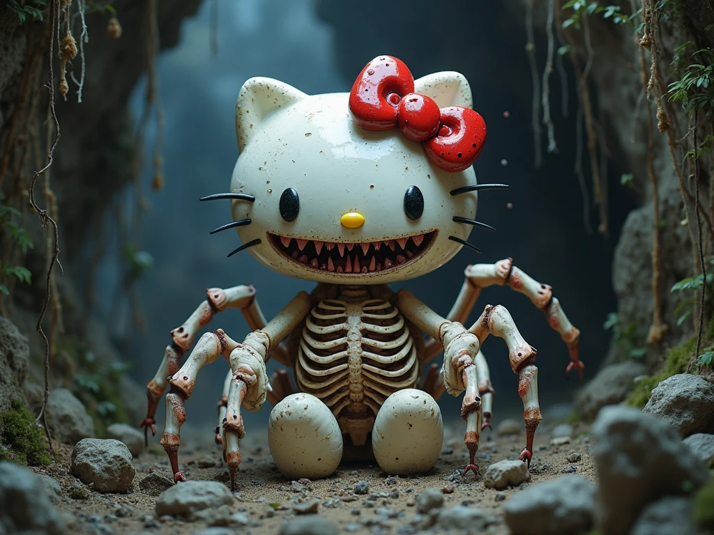 Hello Kitty merged with a cosmic entity. Her face is a porcelain mask with cracks, and behind it emerge viscous tentacles with multiple eyes. Her bow is an interdimensional portal that absorbs light. Background with a starry sky and arcane symbols on the floor.