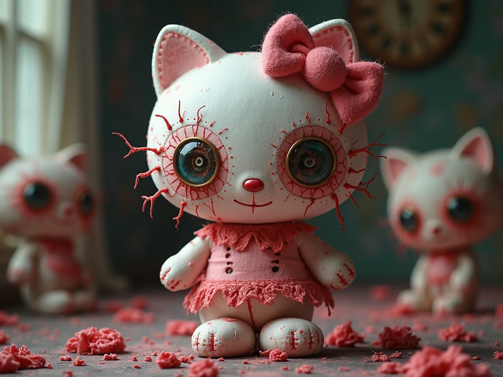 Hello Kitty merged with a cosmic entity. Her face is a porcelain mask with cracks, and behind it emerge viscous tentacles with multiple eyes. Her bow is an interdimensional portal that absorbs light. Background with a starry sky and arcane symbols on the floor.