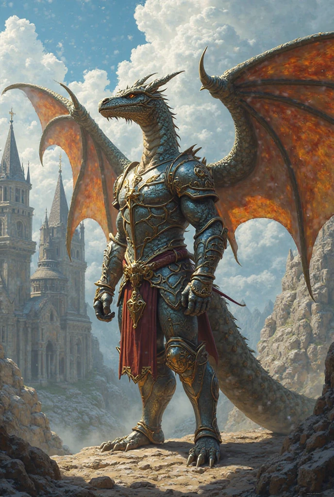 Studio Quality, Masterpiece, 6k, cowboy shot, dracthyr, dragon, (face detailed face), detailed eyes, white eyes, detailed scales, gold scales, dragon horns, detailed background, D&D, complementary colors, dynamic lighting, detailed shadows, dragon with dungeons