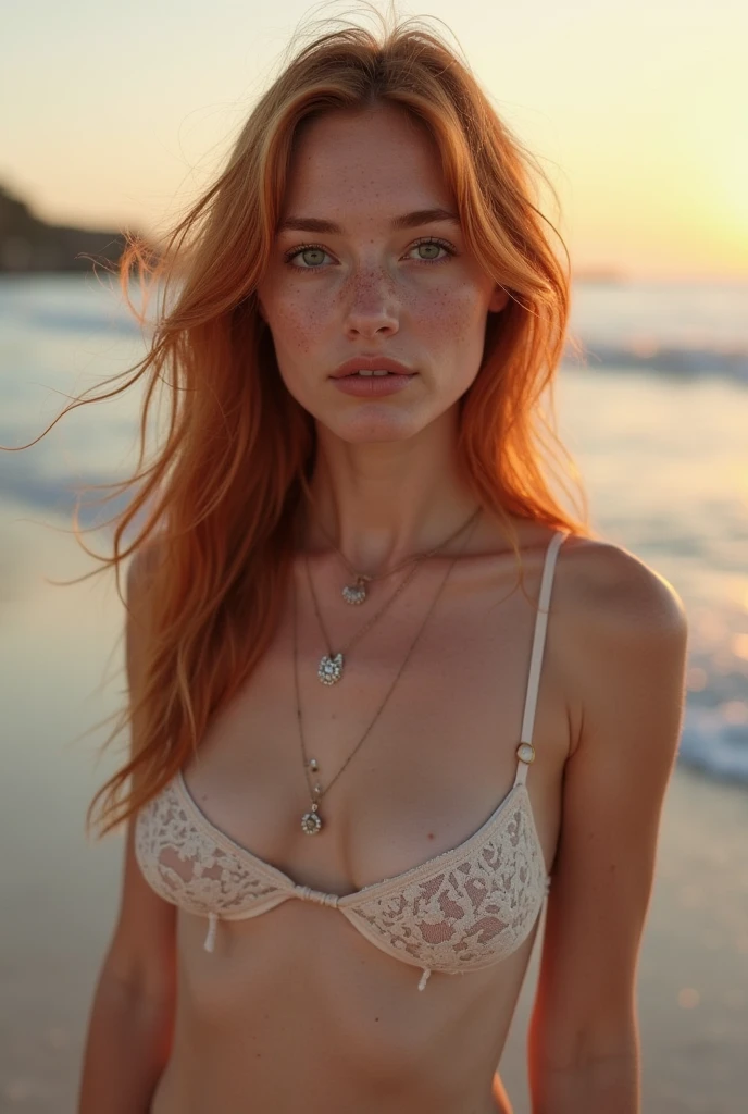 a 25-year-old ginger woman 5ft 6inch tall, whose beauty radiantly captivates the lens in a highly upscale and professionally retouched full-length image. Showcasing accurate facial and body details reflective of real-life, she exudes allure in a casual pose in boutique clothing store. Adding to her unique charm, shoulder length Red hair, freckles on face, flirty smile, light green eyes, pale skin, large breasts (D-cup breasts) average runners body, four pack abs, full body, (textured skin, skin pores:1.1), (moles:0.8), imperfect skin, goosebumps, average runners body, four pack abs, full body, large breasts (D-cup breasts), (textured skin, skin pores:1.1), (moles:0.8), imperfect skin, goosebumps, freckles on chest, freckles on arms, freckles on face, freckles on shoulders, freckles on back, freckles on thighs, freckles on stomach, Clad in Sunshine pending. Feel confident in our bralette and maxi skirt set, made in high quality crochet fabric, textured, tassel details, and an ultra flattering shape. Style with sandals for a look that will take you anywhere, from festival weekends to vacation days.Crochet Tassel Tie Back Bralette And Maxi Skirt Cover Up Set, High Quality Crochet Fabric Textured, Tassel Bralette Tie Back Fastening, Flattering Straight Fit Maxi Skirt, Comfortable Mid Rise Waistband, Color: Desert Camo, High top sneakers color: black, silver cross silver necklace, shoulder length wavy hair (extremely detailed 8k wallpaper), natural lighting, high quality, film grain, Fujifilm X-T30, f 5.6, 50mm, High Detail, Sharp focus, (natural light), (seductive)