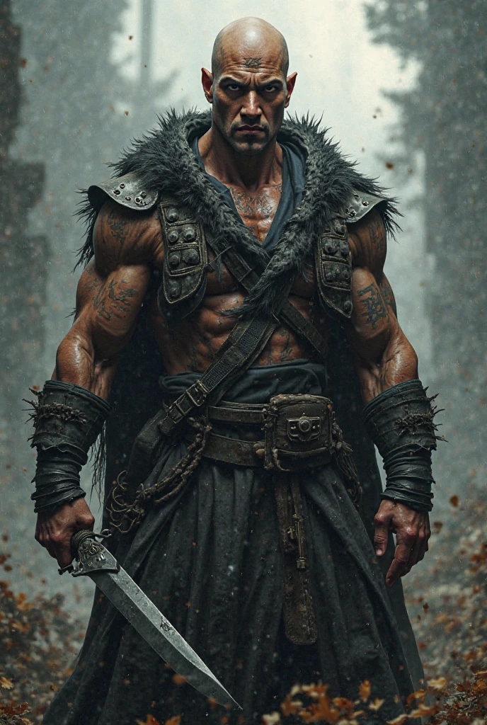 create a barbarian with a skull helmet,with a sword in hand,realistic black and white tattoo style in high definition
