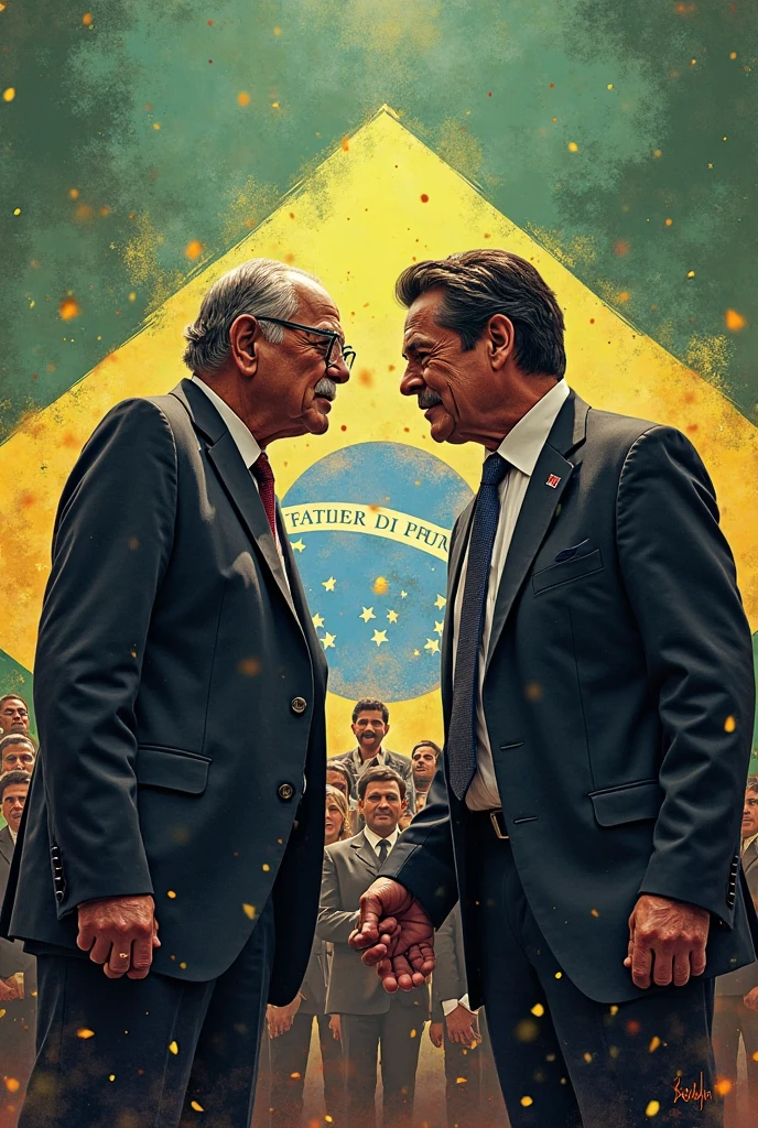 Create an image depicting a dramatic face-off between Luiz Inácio Lula da Silva and Jair Bolsonaro, representing their political rivalry. Show the two figures standing on opposite sides of a split stage or debate podium, each prominently displaying their respective political symbols and colors. Lula should be portrayed with his characteristic red attire and left-leaning emblems, while Bolsonaro should be in his signature blue and green, with right-leaning symbols. Include a backdrop with visual elements such as Brazilian flags, campaign posters, or symbolic imagery representing their political platforms. Use intense lighting and contrasting colors to emphasize the tension and competition between the two figures, capturing the high-stakes nature of their political contest.













































