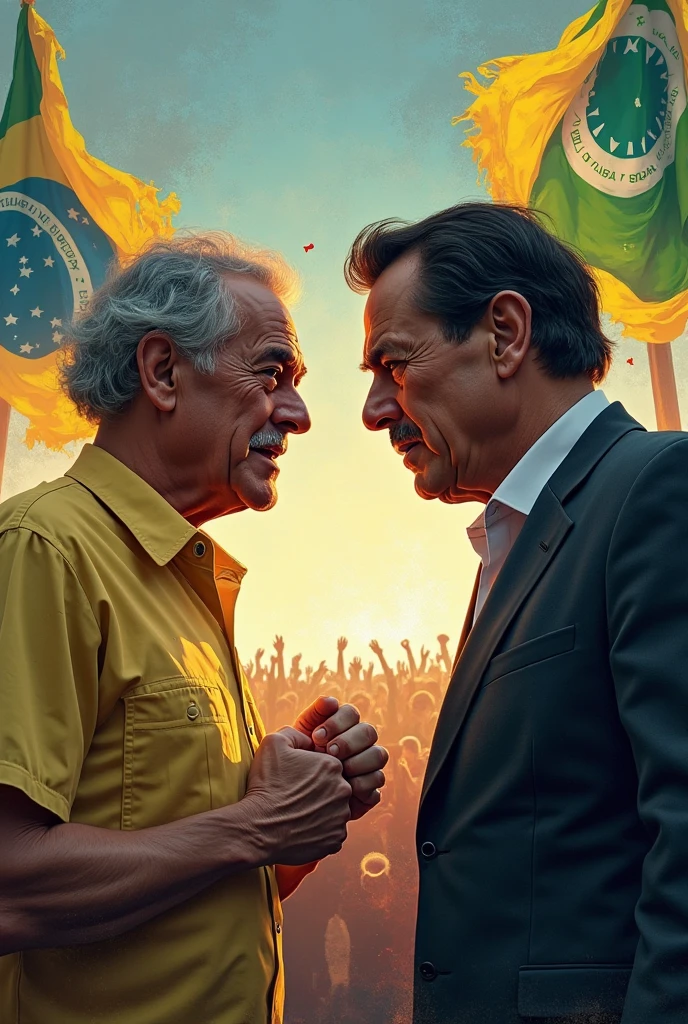 Create an image of President Luiz Inácio Lula punching former President Jair Messias Bolsonaro