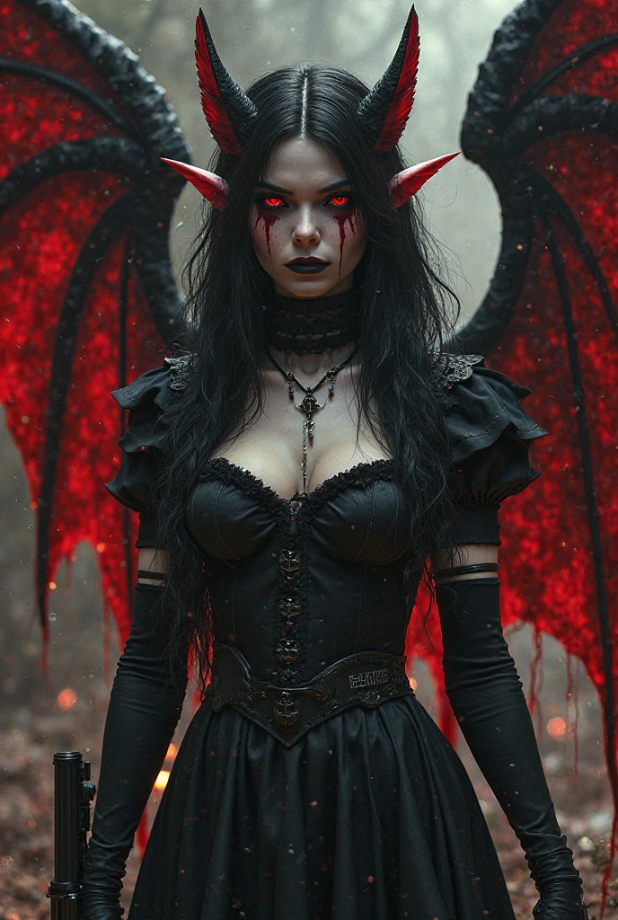 Vampire, female, long dark hair, pasty pale ghastly skin, red eyes, vampire fans, very long canine teeth becoming fangs, elegant flowing renaissance era black dress, Romanian, dark castle, nighttime, moonlight, dimly lit, horror, threatening to bite you, bearing her fangs, huge leathery bat wings, close, very close, Vampire bite scene
