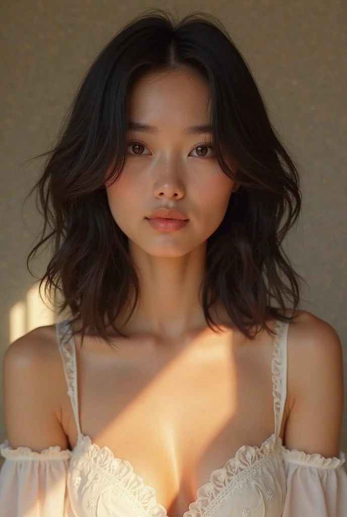 See-through tops、Big Breasts、camisole、(White wall as background、Some of her hair is sky blue:1.4)、White wall、Taken in front of a white door、(A room with a white wall and a window)、((highest quality、8k、masterpiece:1.3))、Ultra-high resolution、(photoGenuineistic:1.4)、RAW Photos、Japanese,(Detailed aspect)、Genuine、Photographed in natural light、Highly detailed face and skin texture、Highly detailed lips、The correct state of the human body、Medium Hair、Black Hair、Various poses、Natural color lip, short hair