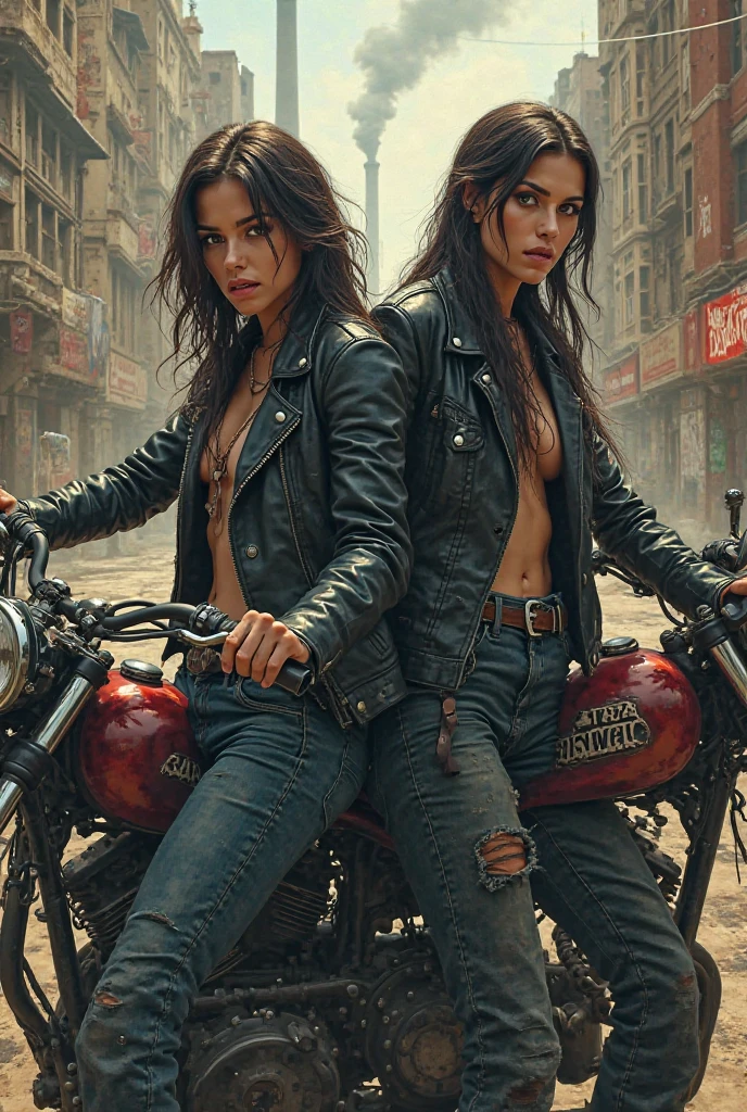 beautiful girl on a Harley-Davidson motorcycle, 25 y.o indian woman in wastelander clothes, random hair, leather jacket, leather pants, gigantic breasts, cleavage, background is city ruins, (high detailed skin:1.2), 8k uhd, dslr, super lighting, high quality, film grain, high res, highly detailed, hyper realistic, beautiful face, beautiful body, beautiful eyes nose lips, alluring expression, very bold, shot from above, upper boobs visible, full body photo, pale translucent glowing skin, most beautiful face, cute, (2girls, cheek to cheek, kiss:1.2)