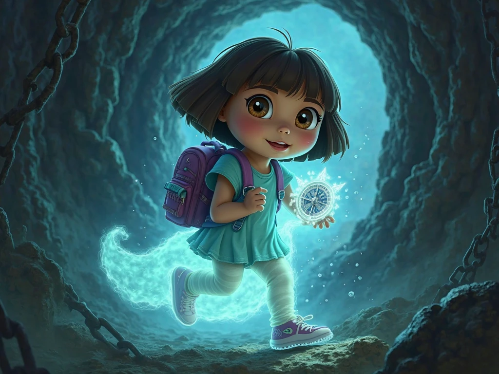 Dora the Explorer with completely black eyes and a sinister smile, holding her map like a haunted scroll that changes shape. Her skin seems to crack, , revealing dark tentacles under it. Background with a ruined playground and dolls with empty eyes.