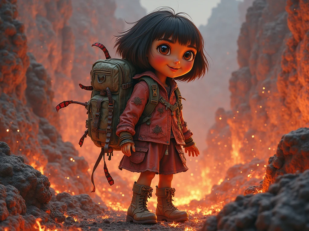 Dora the Explorer with completely black eyes and a sinister smile, holding her map like a haunted scroll that changes shape. Her skin seems to crack, , revealing dark tentacles under it. Background with a ruined playground and dolls with empty eyes.