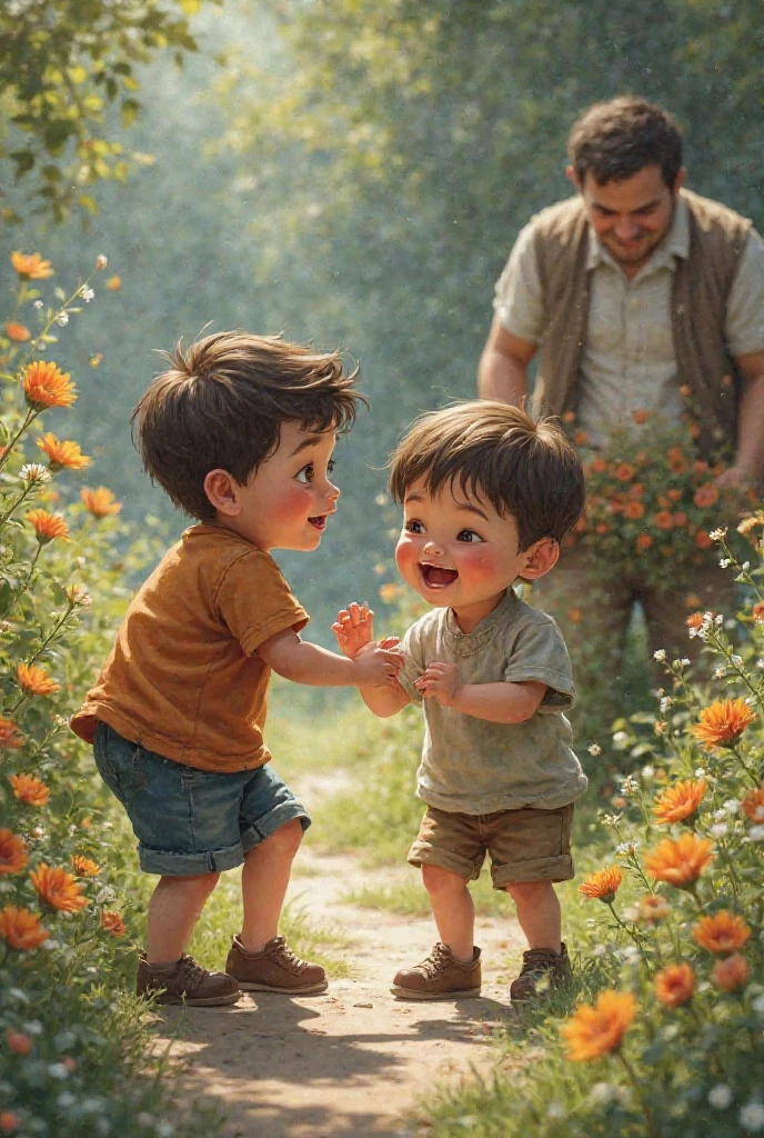 4k realistic, 2, boy, grass, nature, messy hair, short hair