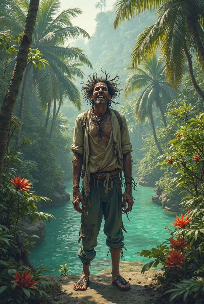 Hippie man smoking cigar pipe and roaming in jungle