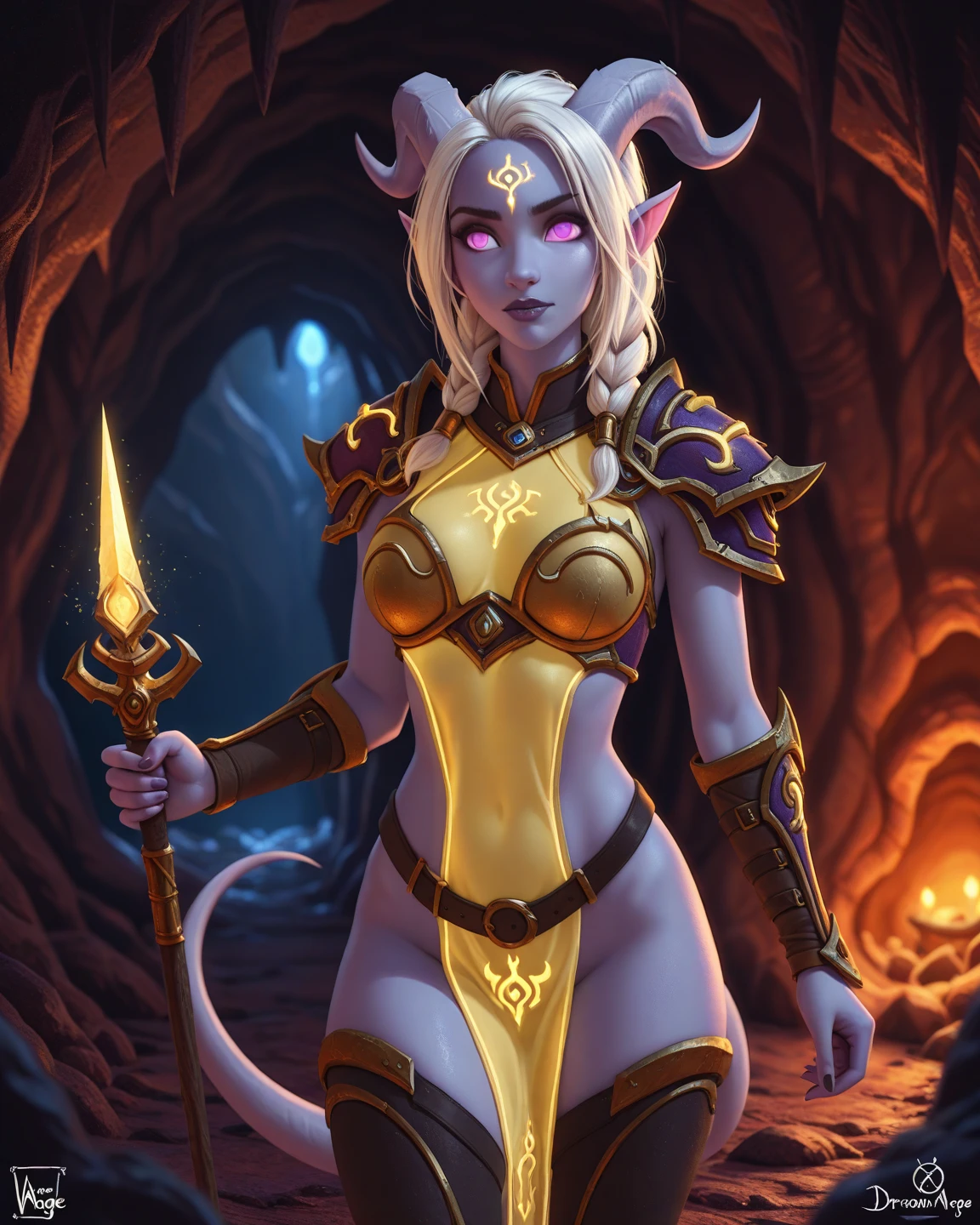(masterpiece, ultra quality, high resolution, 8k, intricate: 1.2). female celestial elf, ((with only one large horn), (the horn is in the center of her forhead)), looking up, extreamely beautiful face features, ((holds in one hand a large magical staff that ends with a large crescent moon)), her staff is made of silver and copper with fine golden decorations, flowing white and fair yellow transparent cloths, healer mage, anatomic, (fair purple skin, triabal tattoo:1.4), beautiful golden crescent moon earringswith sapphires, the silent forested, mysterious, fantasy art, Donato Giancola, craig mullins, parth, masterful strokes legendary