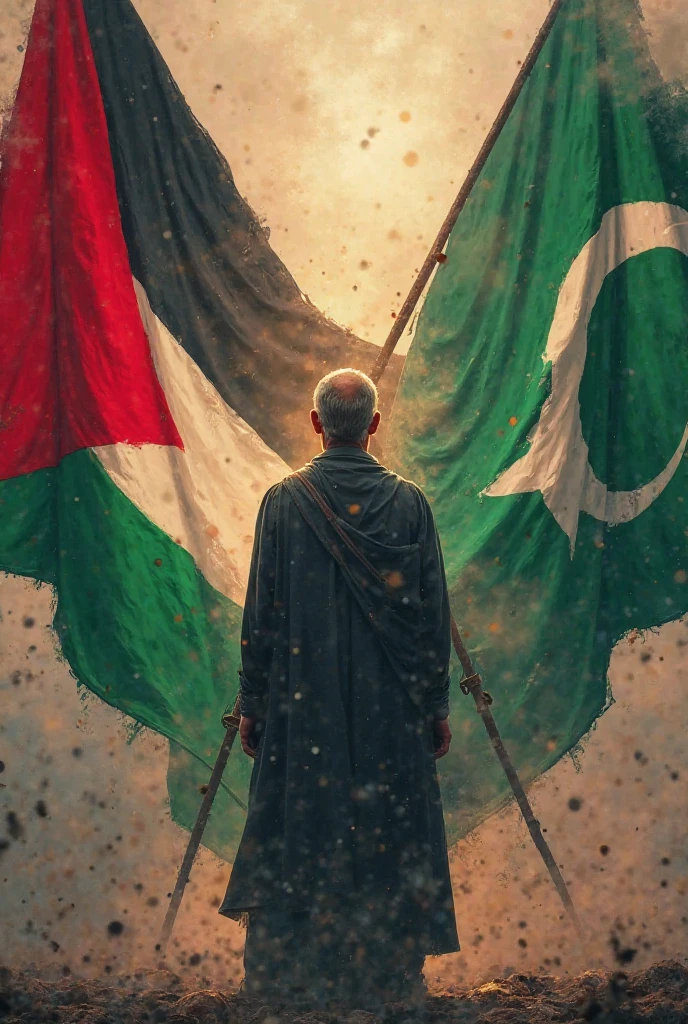 A young man wearing Pakistani and Palestine flags, from back side, separate flags, rainy weather, perfectly angeled