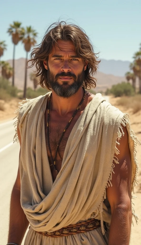 Realistic image of Jesus Christ, surreal, photography, skinny body, miserable appearance, lifeless face, in the desert