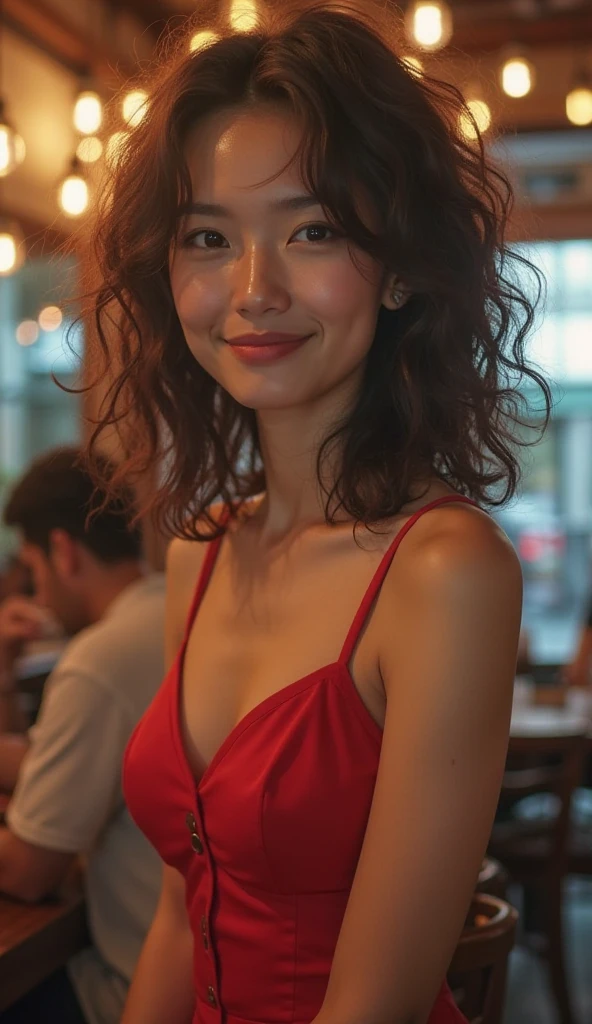 1woman , model, depth of field, photo, film, face, 30 years old, curly hair, blonde,  smile, collarbone,  teeth, movie, camisole, selfie, night, chubby
