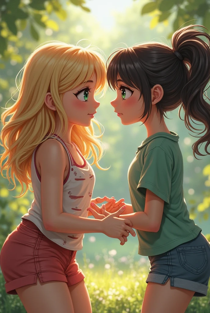 "The image shows two girls sitting together in a sunny garden, surrounded by colorful flowers and growing bushes. the blonde, with golden hair and blue eyes, has a soft and relaxed smile, while the black-haired girl, with green eyes, He has a thoughtful and reflective gesture.
Both girls are dressed in casual and comfortable clothes, with a style that gives them a casual and youthful look. natural light illuminates his face, showing the subtle curves and features of her features. The contrast between the blonde's light skin and the darker skin of the black-haired girl creates an appealing variety of tones and textures..
The camera captures a moment when the two girls are enjoying a conversation, with the blonde talking vehemently and the black-haired girl listening attentively. The expression on their faces is sincere and authentic., as if they had been captured at the exact moment when they were laughing or arguing about something.
