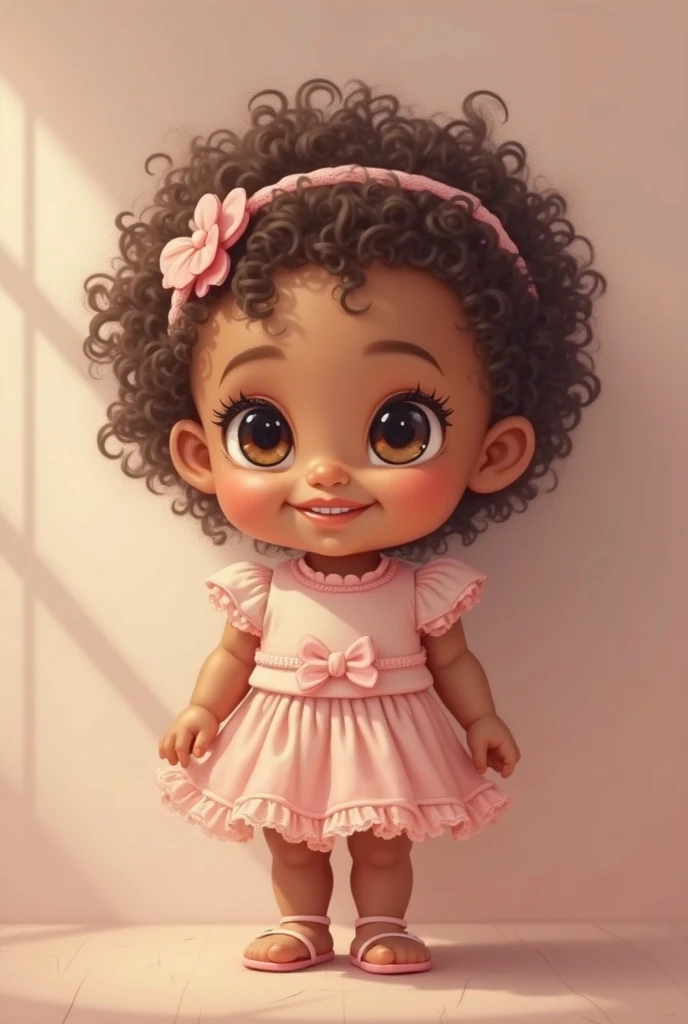 Alice in Wonderland baby with curly black hair and a bow with a headband and brown skin in the shape of a cartoon
