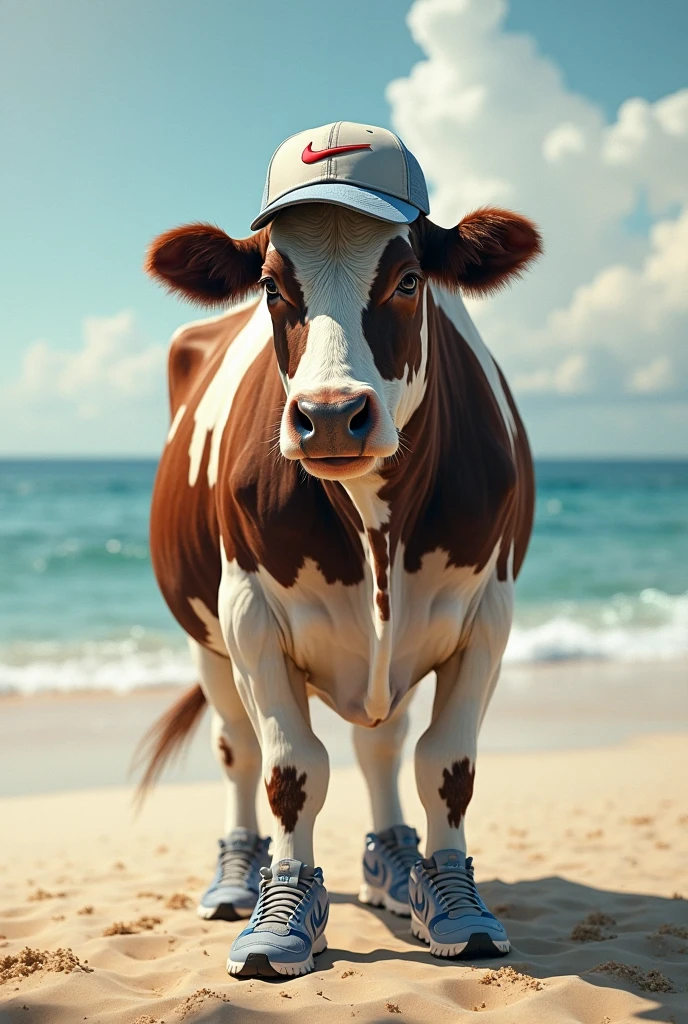 Cute cow wearing sunglasses, drinking coffee, sitting on the beach with blue sky and white clouds in the background, view of the ocean