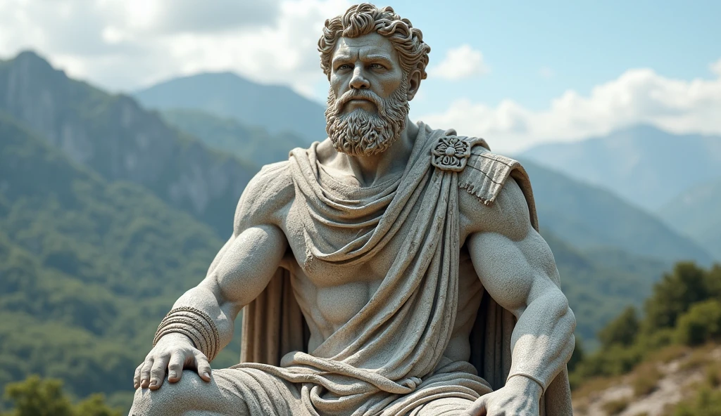 a realistic greek white marble statue, stoic, brawny, Coraggioso, detailed using a toga, neutral background, temperamental, , photorrealistic, super detailed, hyper realist, galaxy background, stele, mysterio, serious face, powerful background, dark surroundings, smart, PENSATIVE