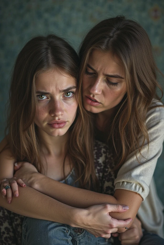 2heads, two headed girl, (a 10 year old girl and a 20 year old girl:1.5), (uncomfortable and annoyed:1.2), (one is a redhead and the other is a brunette:1.3)