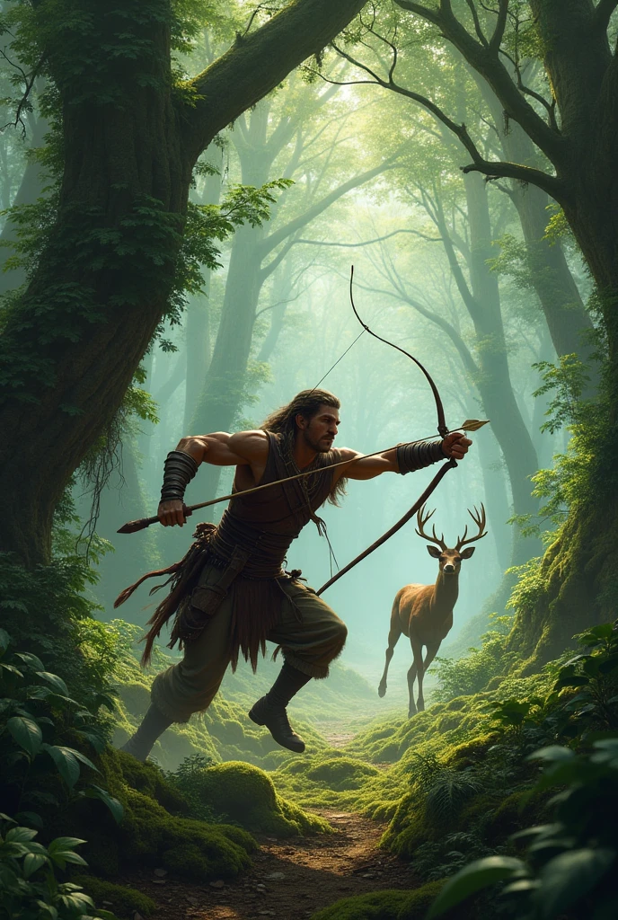 Handsome guy , Korean. He has very dark skin., yellow hair knee length with side bangs. He has faun ears., in the ears gold earrings rings. On the head are deer antlers. He has a bare torso and furry brown pants with hooves.. He has a red heart pendant.. He squats in a thicket of ferns and shoots an arrow from a bow.. He smiles beautifully. A kind jaguar next to him.