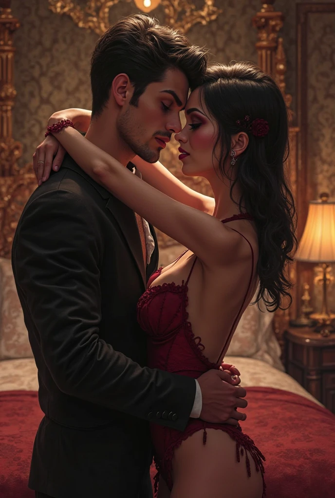 Man taking off the woman's clothes and kissing her shoulders as she throws her head back with her eyes closed., melhor qualidade, filme ainda, 1mulher,cabelos longos brancos, Vestido transparente, renda longo, e 1homem com kimono, cabelo comprido preto, ,pele branca, amor, beijando-se, quarto vermelho, na cama, Close-up, brilhante, sensual, romantico, Dark warm lighting, vermelho, skywith moonlight and reflection in the water, (Sparks: 0,7) , ((beijo)) The scene should exude an air of serenity and anticipation, inviting the viewer into a and romantic space. The key to emphasize elegance, beauty, and the allure of the studio environment while maintaining a tasteful and artistic approach.