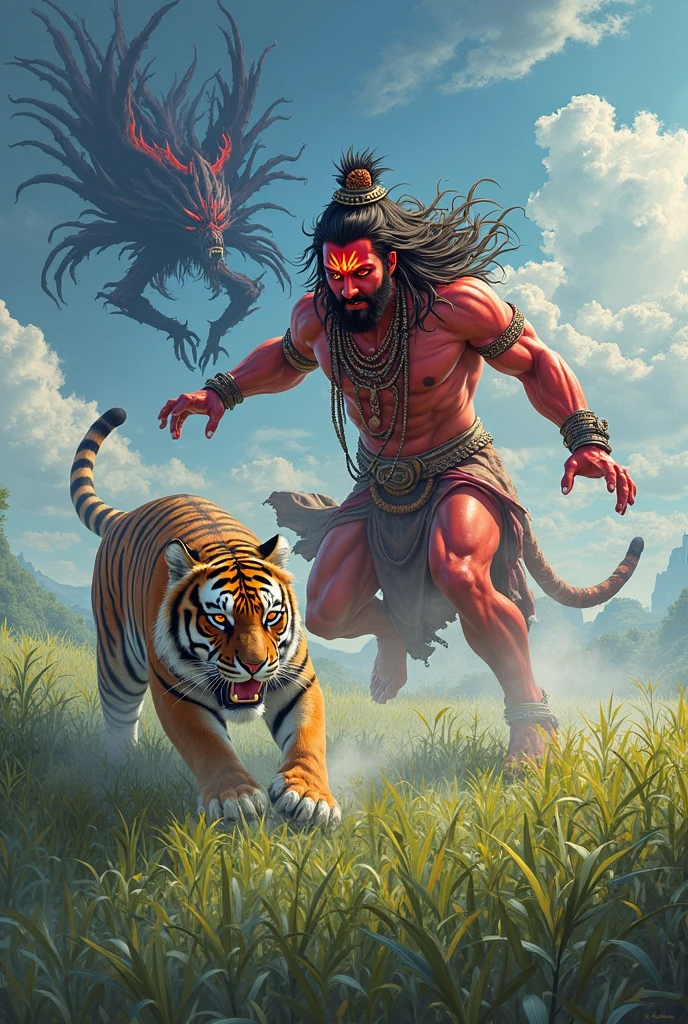Lord Shivan standing , gym body , black cobra on hand , dog sitting , bull standing 