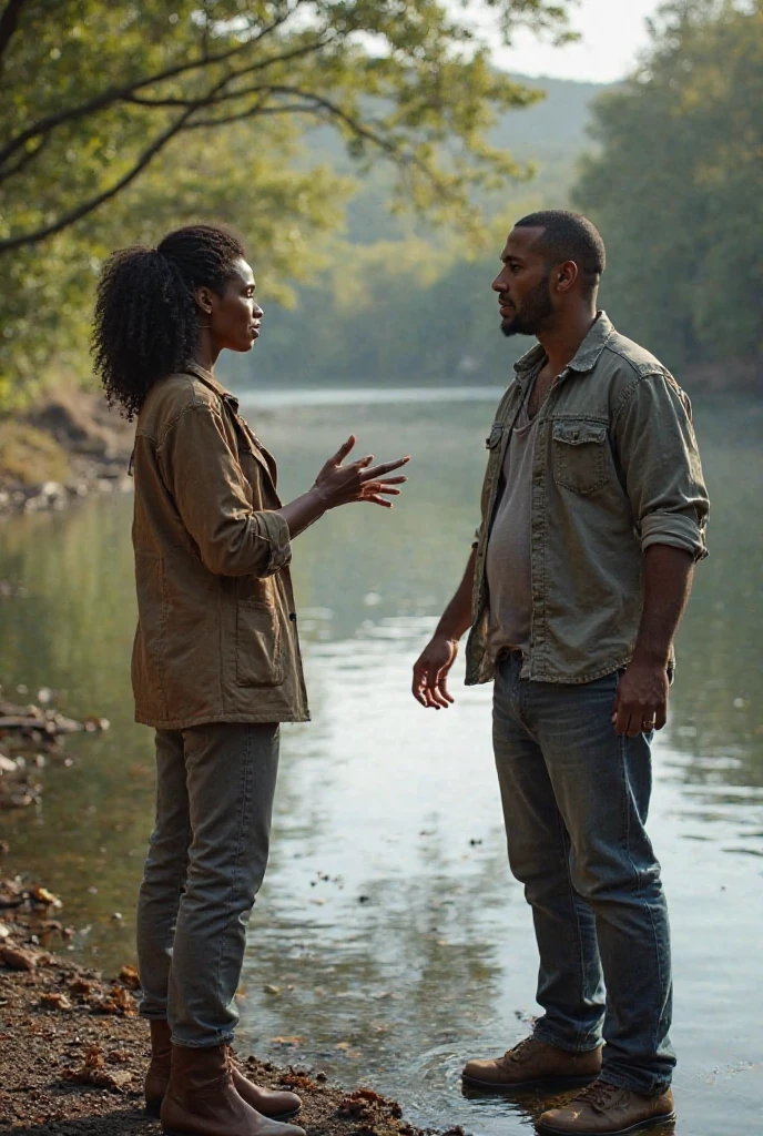 the best photo, the most realistic ,Clareza 4K, black female , black hair with long length ,age 25 ,Dark blue cotton shirt with black pants, Delicate face, long hair, ebony skin , .the woman is distracted (woman is not looking at the photo ) ,man is with her taking her somewhere, and in the background there is a forest with bushes. 1 black man , aged 50, fatter ,black african hair, with gray beard, wearing a light blue dress shirt, black boot, and dark jeans