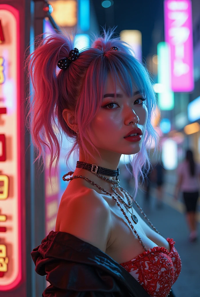 mulher arafed ((Asian African American))de perfil,with long rainbow hair and a neon cyberpunk tank top, retrato, Ela tem um rosto bonito, Imagens da Webcam, clivagem, peituda, sexy look at the camera, Fotografado na webcam, 4 8 0 p, 480p, Seu peito, she's facing the camera, gorgeous female, fundo do clube de discoteca, RGB, LED Rave Lighting, fundo a noite neon