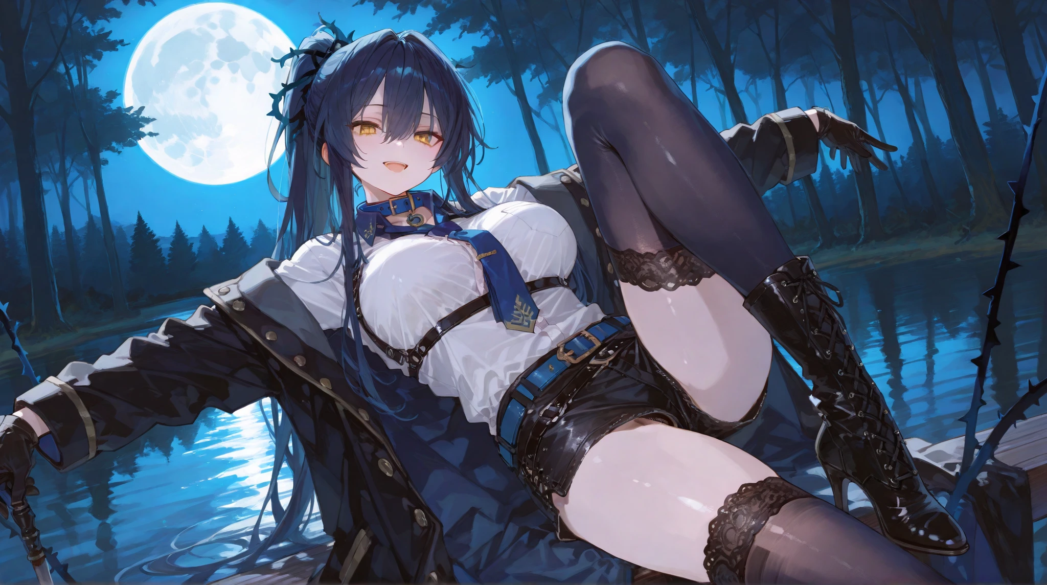 BREAK (masterpiece:1.2), best quality, high resolution, unity 8k wallpaper, (illustration:0.8), (beautiful detailed eyes:1.6), extremely detailed face, perfect lighting, extremely detailed CG, (perfect hands, perfect anatomy),onsen,hot springgs,night,stars,moon,starfall,twin braids, long hair, blue hair, blue eyes,,white stockings,sexy lingerie,witch hat, black hat,panties,bend over to camera,open mouth, sitting, spread legs,nipples,naked,naked breasts.