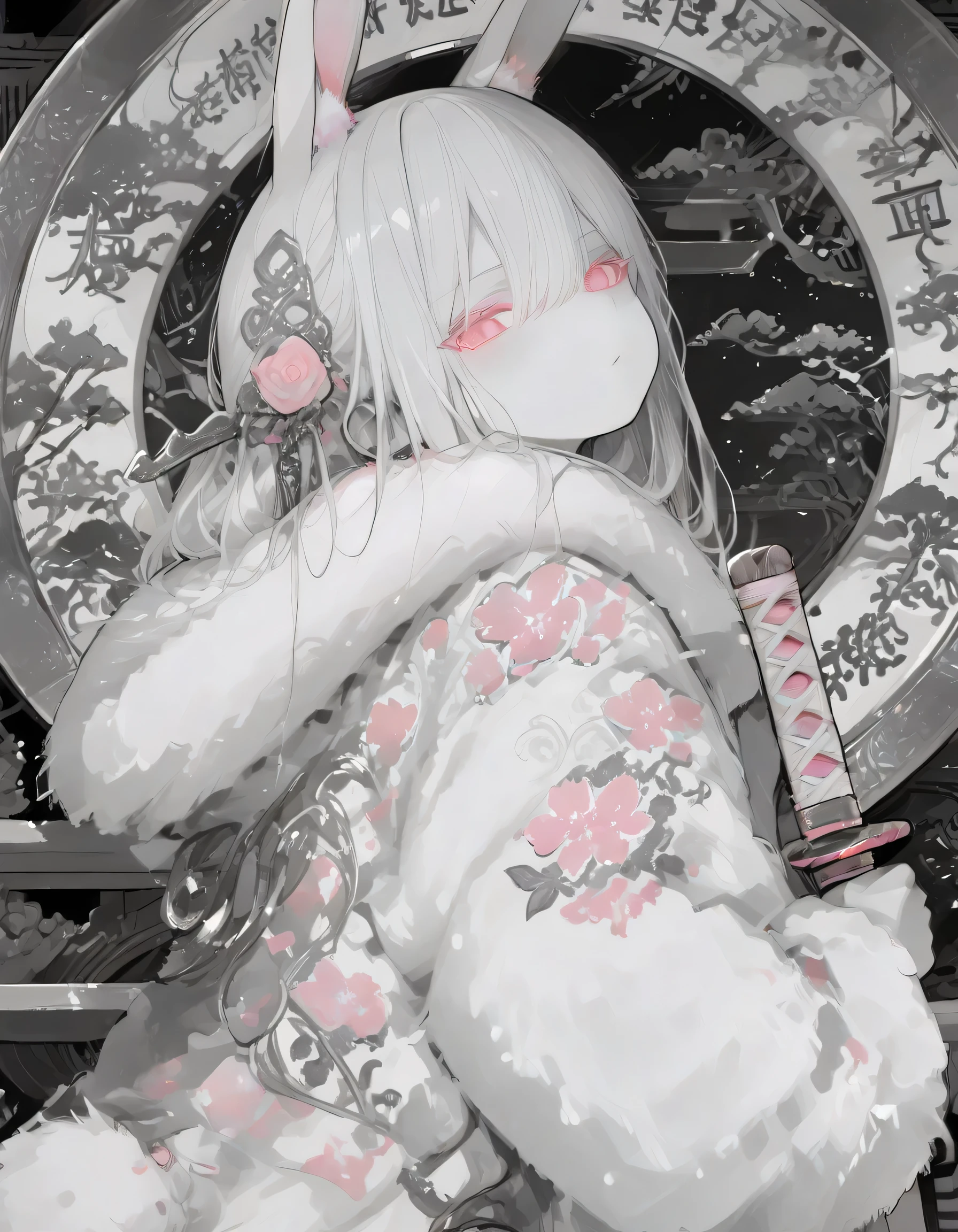 1girl, female goddess,Colored eyelashes, pink eyes, side view,Holding a katana, dynamic pose, Zodiac art background,(intricate detailed background),upper body, looking at viewer, long hair,hair between eyes, tsurime, bunny Ears,single Hair,hair fulled back,Jewellery, ornament,Hair accessories,(Chinese clothes with rabbit pattern),Fur coat,smooth Texture ,score_9,score_8,score_7_up, manga style art, monochrome, Grayscale,HD,8k wallpaper, Highly detailed, Sharp focus,(pink pattern),
