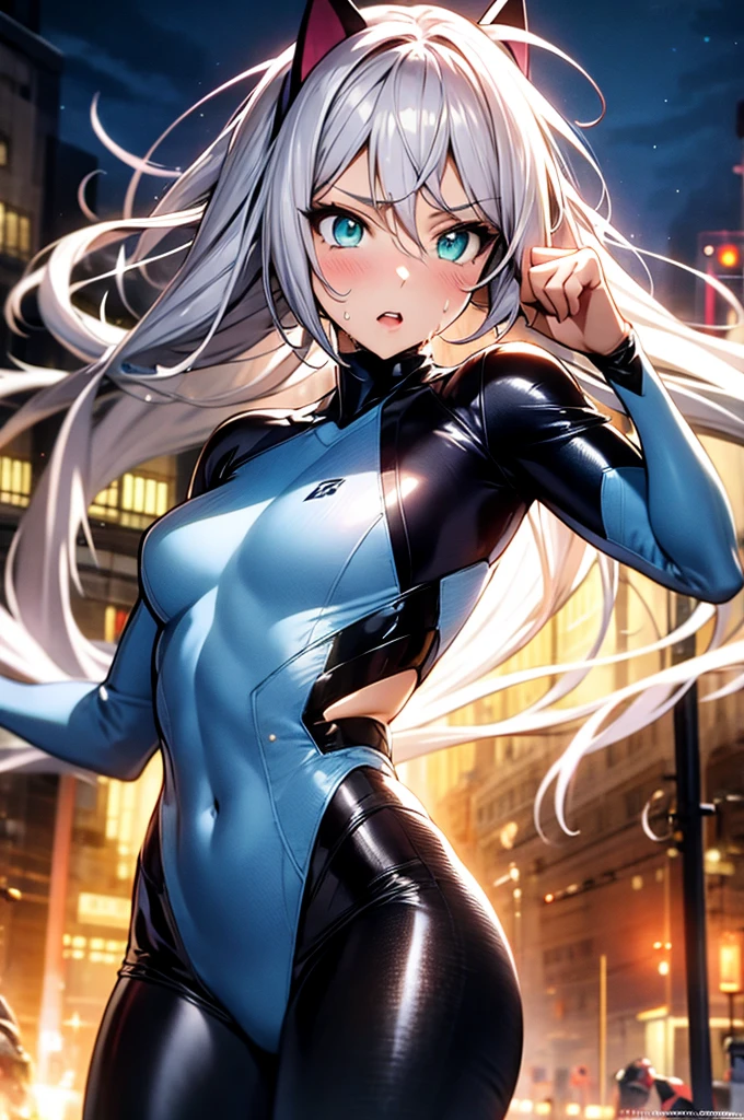 (photorealistic:1.8, highest quality:1.8,8K masterpiece:1.8,High resolution,muste piece:1.8,RAW Photos,cinematic lighting)、skyscraper、highway、night、 cyber punk、spider girl、Misaka Mikoto、(High leg spider tight suit:1.7)、((Moderate chest:1.3)、Arachne tattoo on chest、Arachne:1.2) (look back、squat、raise your hand:1.2)、spiderweb、The white body contains Arachne threads.、(elation:1.4)、(Beautiful, shining blue, white, red, black and silver hair:1.5)、 plump nipples、Nipples are visible through the costume、(cameltoe),No split screen,slender abs:1.2