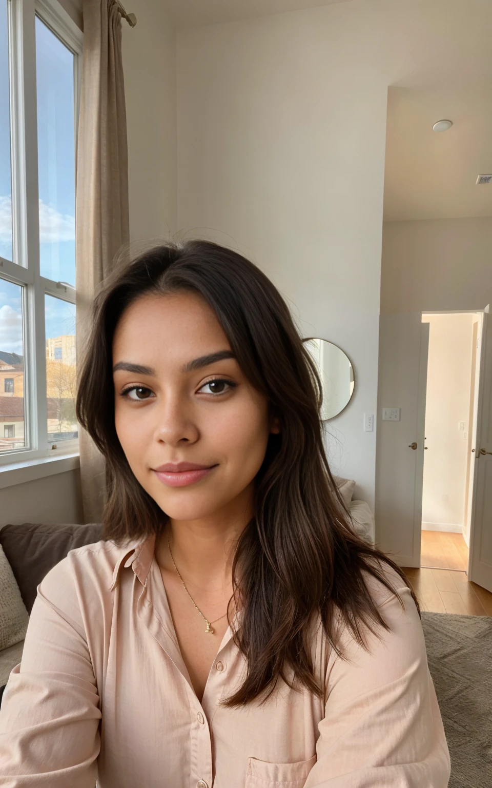 Photorealistic, acuity, Photo brute, amateur photo, belle 29 ans.Oh fille Latina-Espagnole, Prendre un selfie, robe soyeuse, Oversized Sweater, detailed skin pores & Texture du visage, pores, (chair de poule:0.7), pose dynamique, Regarder le spectateur, Mise au point du visage, Taken with a mobile camera, grain le film 4k