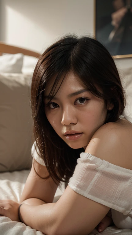 a young Asian woman wearing a white V-neck t-shirt, black necklace, lying on her side on the bed, her breasts exposed. in a dimly lit room at night. realistic