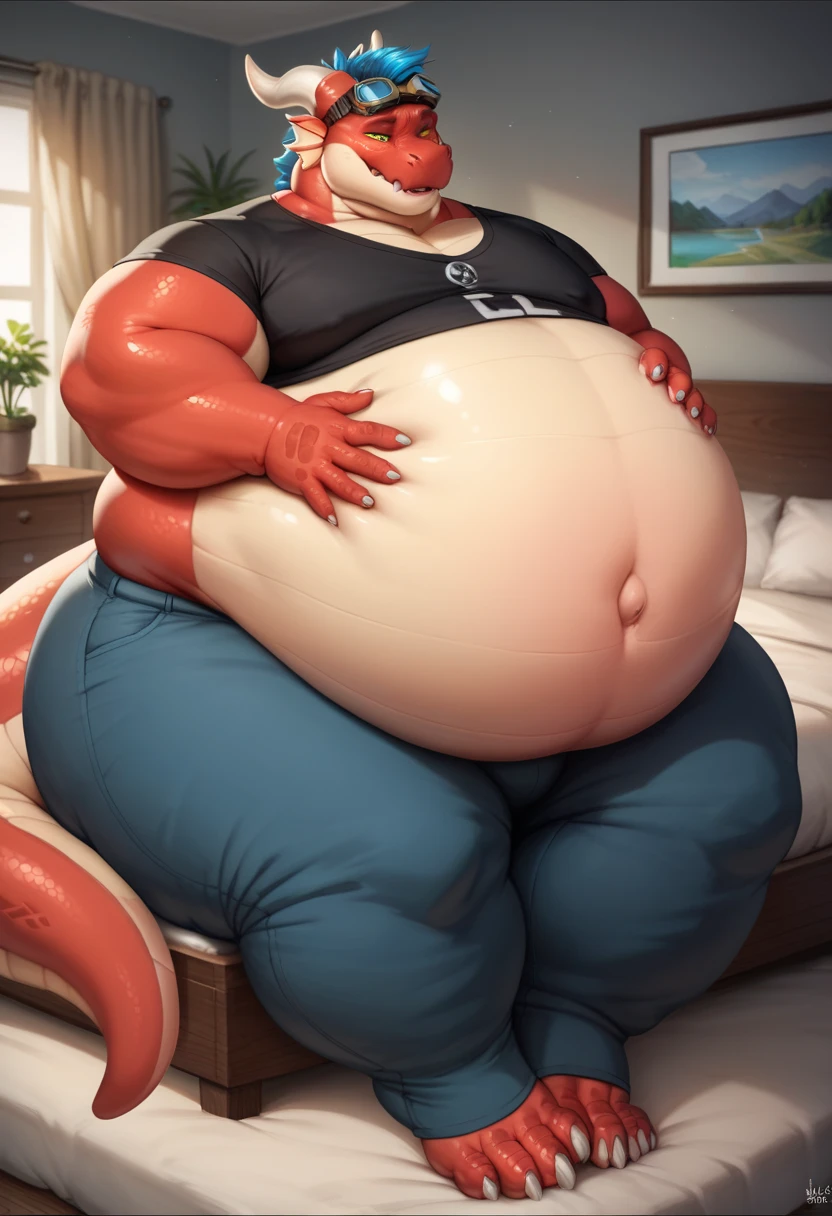 White unicorn, red long hair, red eyes, male focus, belly, fat, black underwear, detailed bulge, big balls, nipples, sex