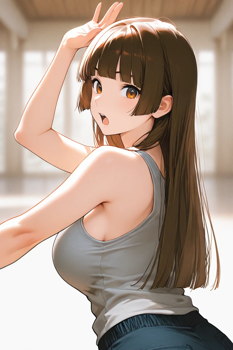 (A superb exquisite Chitanda Eru), (adult face), intricate details, (finely detailed beautiful eyes: 1.2), purple eyes, long black hair, natural straight hair, straight bangs, solo, [Small_breasts: large_breasts: 0.5], normal breasts, extremely delicate, peerless beautiful girl, dreamy quality, exaggerated facial features, solid color, delicate face, bright lips, slender waist, straight curves, soft lights and shadows, super fine, 8K, HD, (masterpiece:1.4), (((wrestling, ring, yellow t-shirt)))