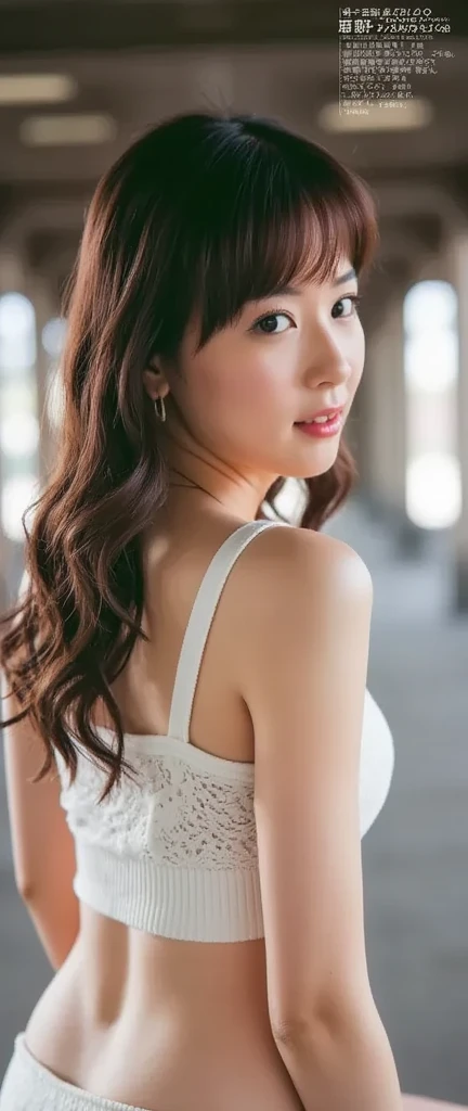 perfect beautiful Japanese 1 girl, 25years old, white skin, Shy-Smile, 
busty breasts, perfect eyes, long hair, brown eyes, hourglass figure, 
she is wearing small bra and T-backs, 
background is standing (on stairs:1.2) in city, 
full body, spread legs, (back pose:1.3), (see T back:1.3), 
professional photography, dynamic angle shot, film grain, Bokeh, ray tracing, dynamic lighting, tilt camera, Lens flare, (((masterpiece))), ((highest quality)), ((Complex)), ((realistic)), (50mm sigma f/1.4 Zeiss lens, f1.4, 1/800s, ISO100, photography:1.1), very detailed, 