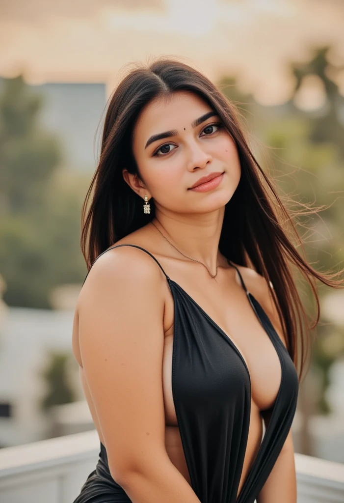 portrait, north indian woman, attractive, age 20, fair skin, open and long black hair, dark brown eyes, high key lighting, filmic, cinematic, photorealistic