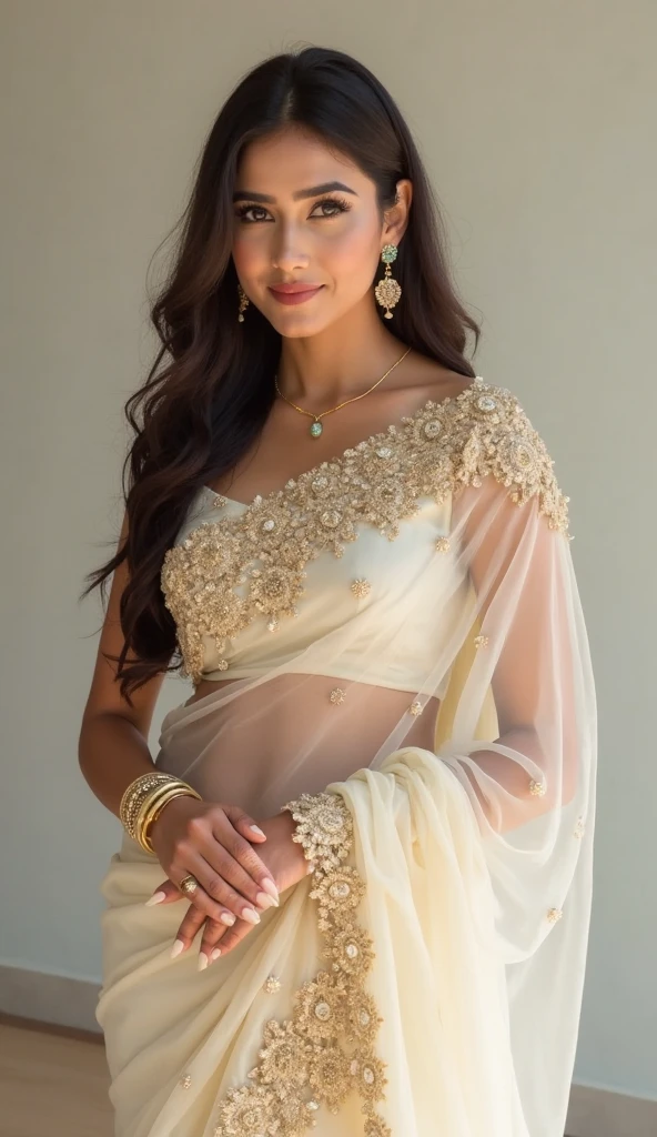 ((Best quality, 8k, Masterpiece :1.3)), Sharp focus :1.2, Generate a realistic image of a beautiful sexy Indian woman dressed in a white Kasava saree, adorned with traditional ornaments, standing in a well-lit room with cinematic lighting. ((Front view, random elegant pose)), and there is a sense of grace and elegance in her posture. The background should complement the scene, enhancing the overall aesthetic appeal of the image. Photography by Brandon Woelfel, Full shot: Canon EF 16-35mm f/2.8L III USM lens on a Canon EOS 5D Mark IV camera, ultra realistic, 32k, HD