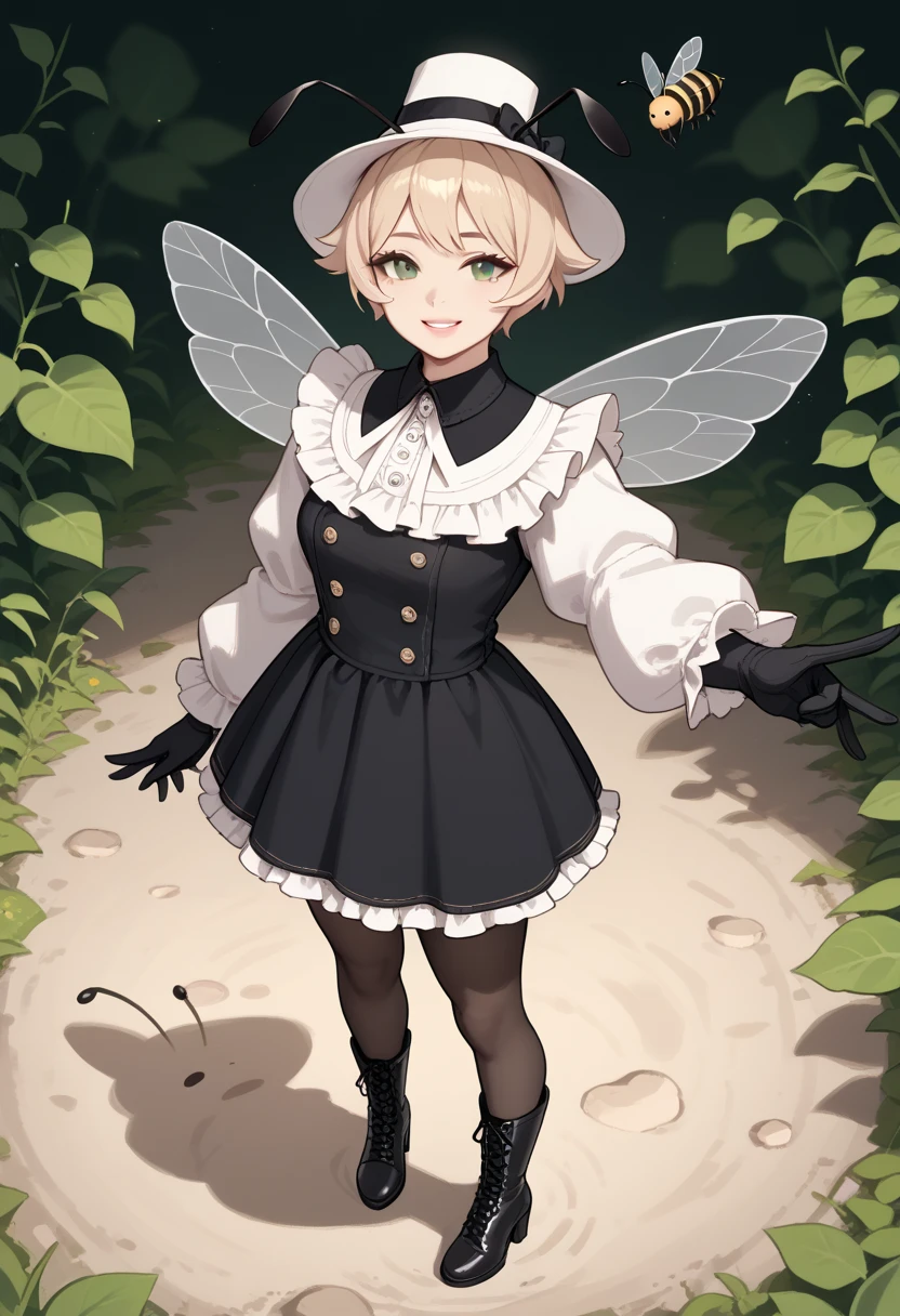 chibi, <lora:y2b_v2-1:0.7> hm2b, black blindfold, covered eyes, mole under mouth, clothing cutout, long sleeves, puffy sleeves, juliet sleeves, feather trim, black thighhighs, black gloves, black dress, black skirt, puffy cheeks, outside, bumblebee, trees, flowers, in a park, happy, butterfly, birds, ((hedgehog))