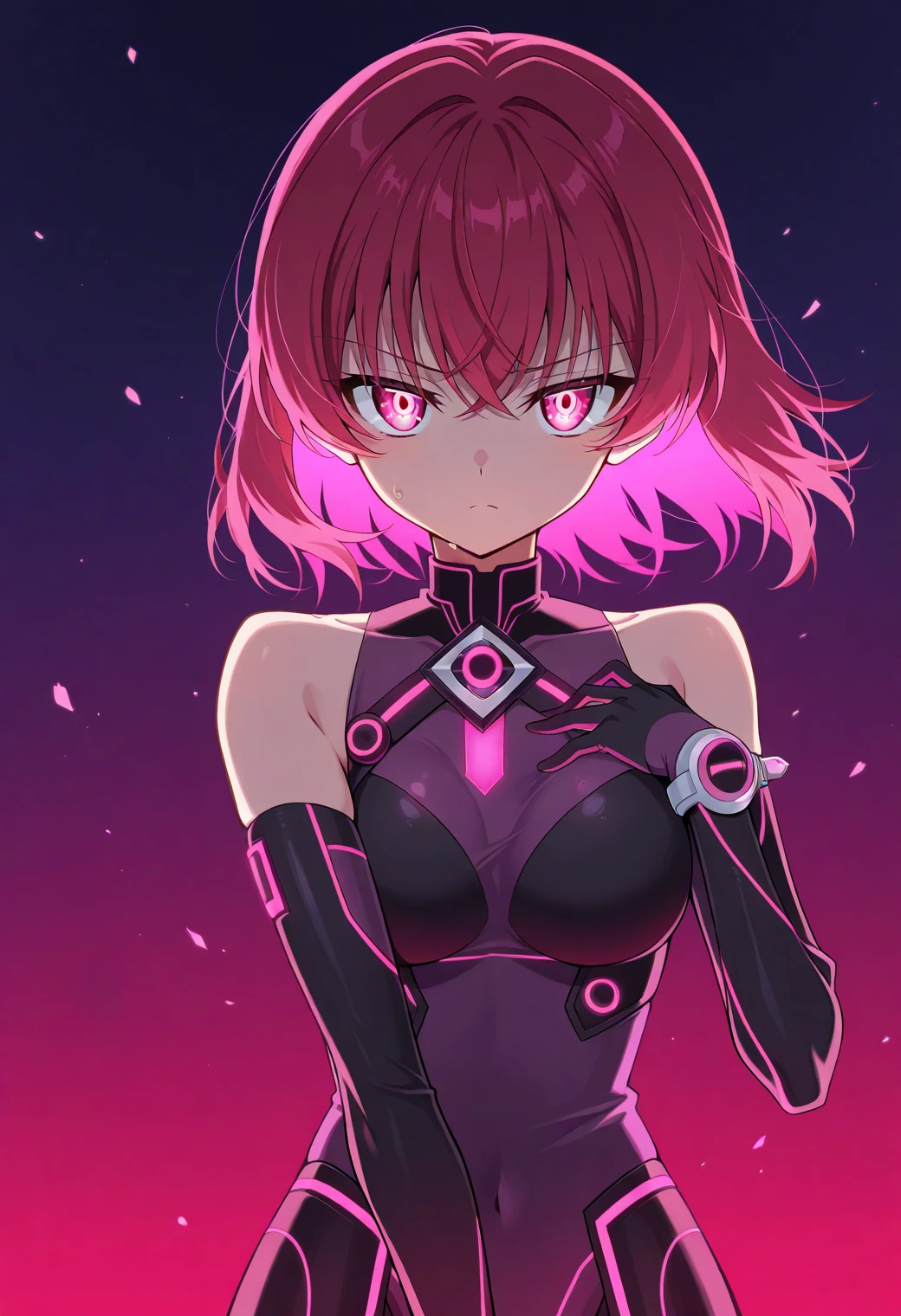 animestyle, closed_eyes, (glowing:1.7), sexy_pose, henshin_pose, akane shinjou, 1girl, solo, young woman, 16yo, short hair, crimson eyes, large_breasts, completely_nude, ((transparent pink see-through light bands wrapped around body, skindetation)), ((red leotard, cleavage, bare_shoulders:1.3)),