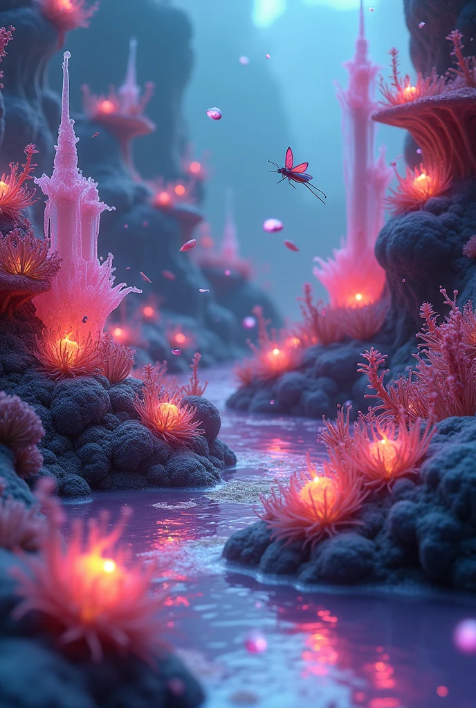 (best quality, ultra-detailed, 8k resolution, macro photography style, extreme close-up, photorealistic textures, cinematic depth of field, shallow focus), fantastical microscopic world, vibrant alien flora and crystalline structures, translucent fungal towers, glowing spores floating in liquid air, iridescent pollen orbs, tiny insect-like creatures with jewel-toned wings, organic bridges made of filament strands, softly pulsing bioluminescent plants, spore clouds drifting like mist, surreal color palette (neon green, aqua blue, pastel pink, amber), micro-castles grown from coral-like tissues, cell membrane walls with intricate fractal patterns, micro-rivers flowing with glowing liquid, atmospheric particles suspended in fluid, whimsical microscopic architecture, magical microbiome kingdom hidden beyond sight