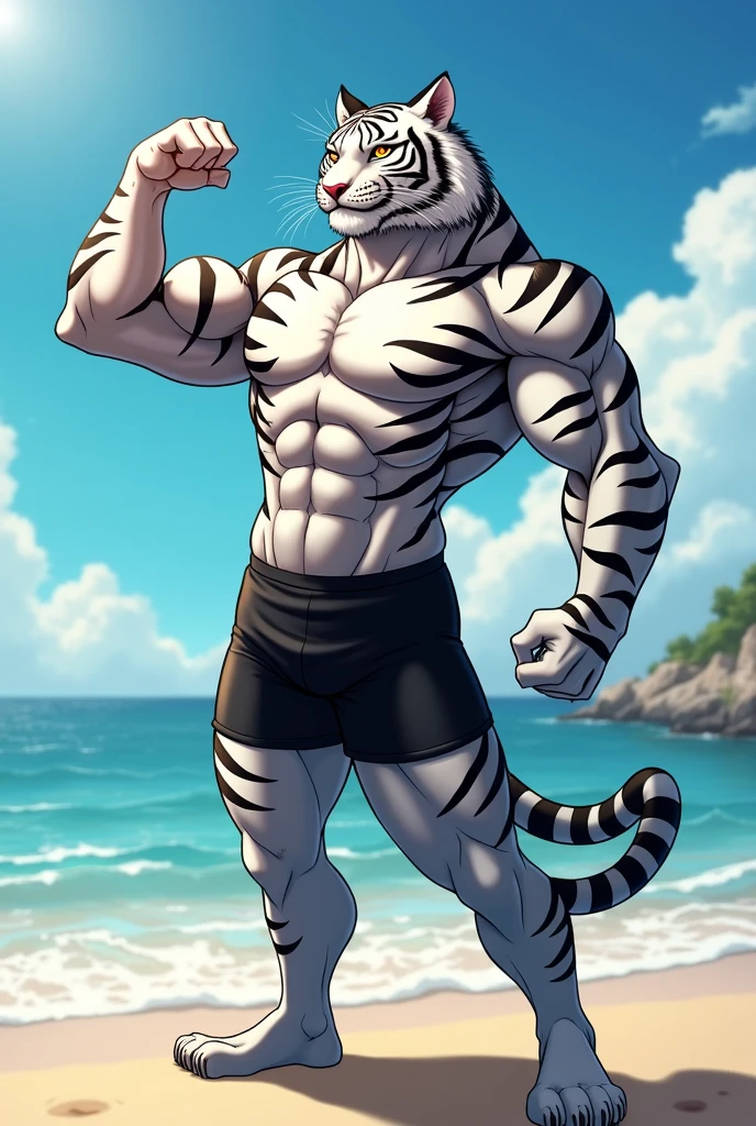 white tiger. 4k, high resolution, best quality, posted on e621, solo, anthro body, male, , masculine, (very muscular:1.2), correct anatomy, (beach background, sea background, sky background, sunset:1.0), (blurry background, out-of-focus background:1.2), (by wfa:1.0), (by negger:1.2), (by chunie:0.5), (cel shaded, cartoony shading:1.2), black lineart, black outline, flat coloring, (strong shadows, dark shadows:1.2), (white speedos, bulge:1.0), confident, sexy pose