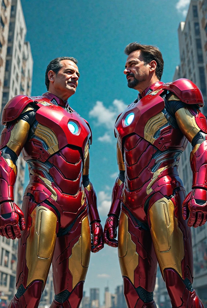 Tony Stark and Iron Man bumping backs in profile, drawing with a white background 
