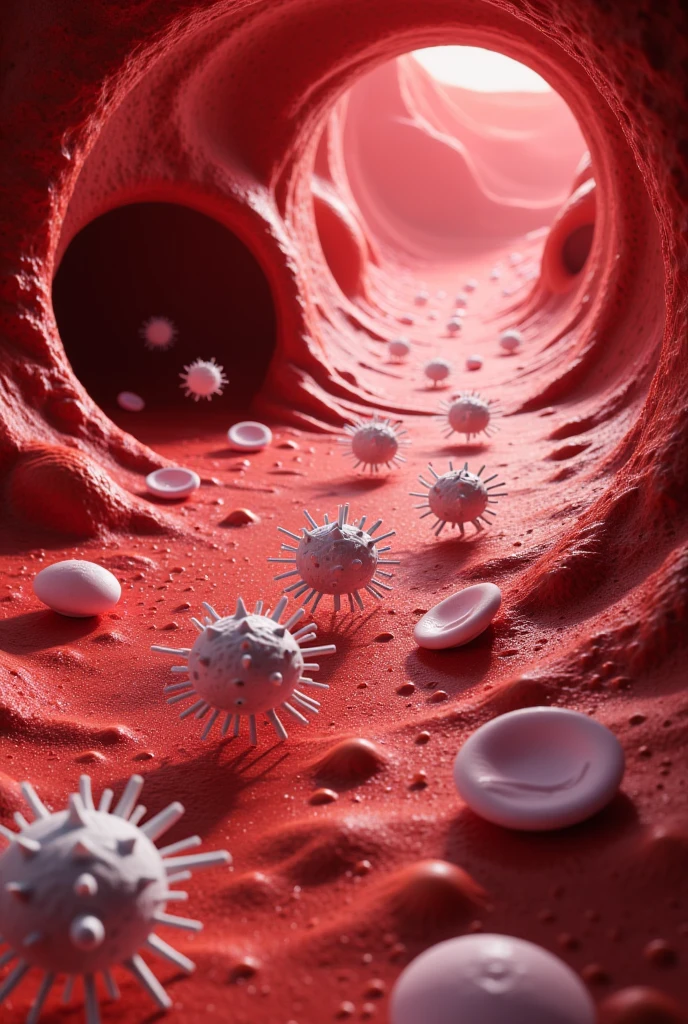 micro world, bacteriophage, masterpiece, perfect quality, superb res, An army of bacteriophages marches through the blood vessels, red and white blood cells flee aside