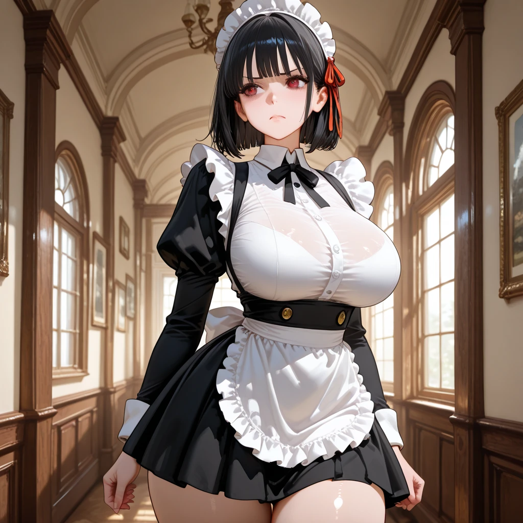 SFW, (maid clothes), (big breasts), firm breasts, slim waist, curvy figure, (black_hair, red_eyes, long ponytail), full body