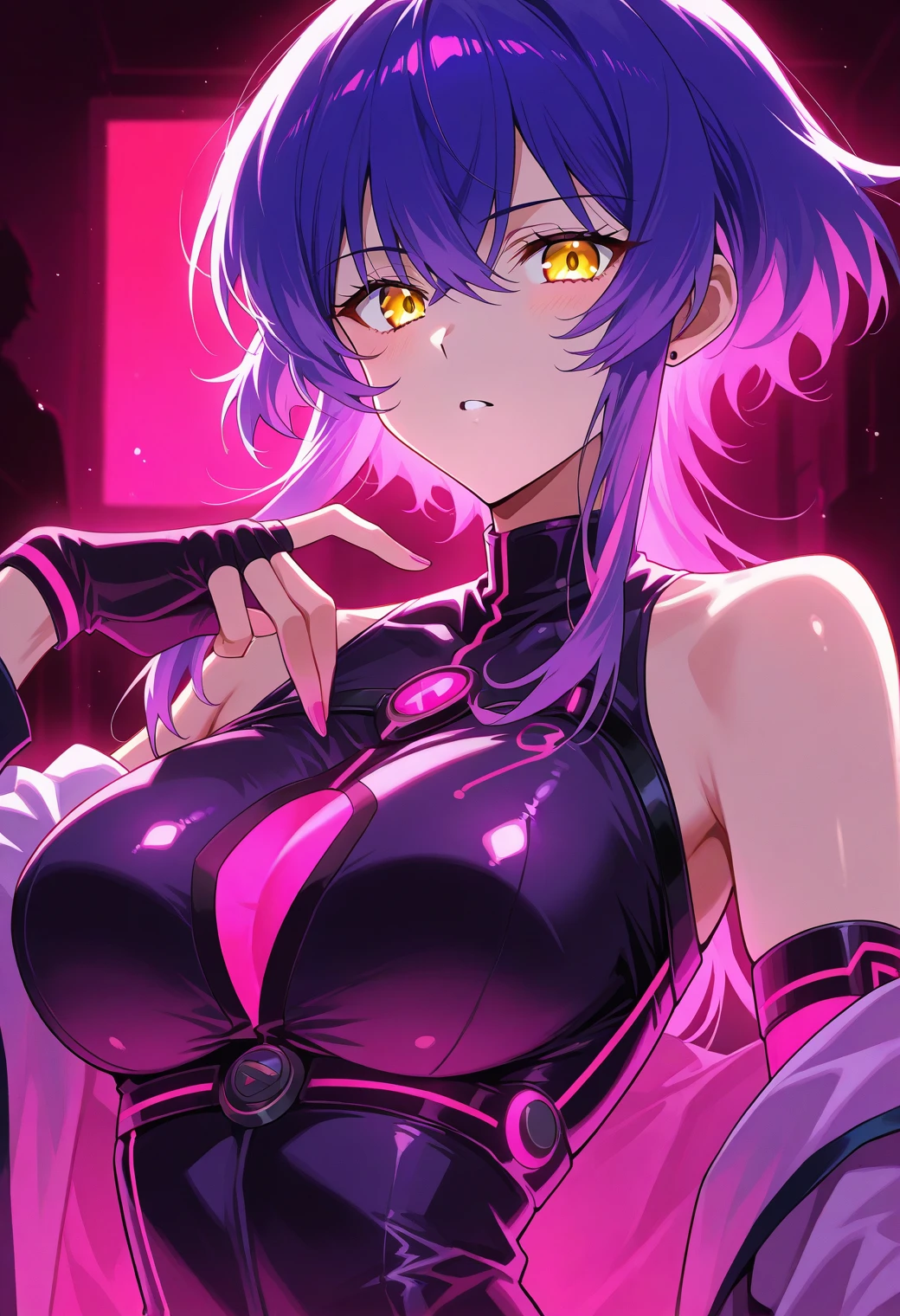 Tomboy, yellow eyes, dark skinned, ((brown skin)), brown nipples, messy hair, anime style, black hair, short hair, sweating a lot, exposed body, nsfw, medium breasts, erotic, defined body, strong abs, erotic pose, soft smile, sensual, Hyper detailed, best quality, masterpiece, vivid purple lighting behind her, dark background, neon paint over her body, (best quality,4k,highres,masterpiece), artistic style,subdued colors, vivid colors, professional lighting, detailed lips, detailed eyes.